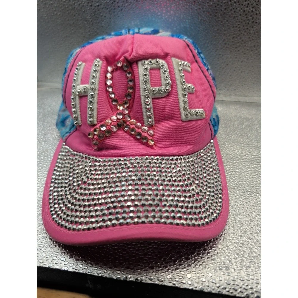 Bling Studded Cotton Denim Cap Breast Cancer Hope Pink Ribbon